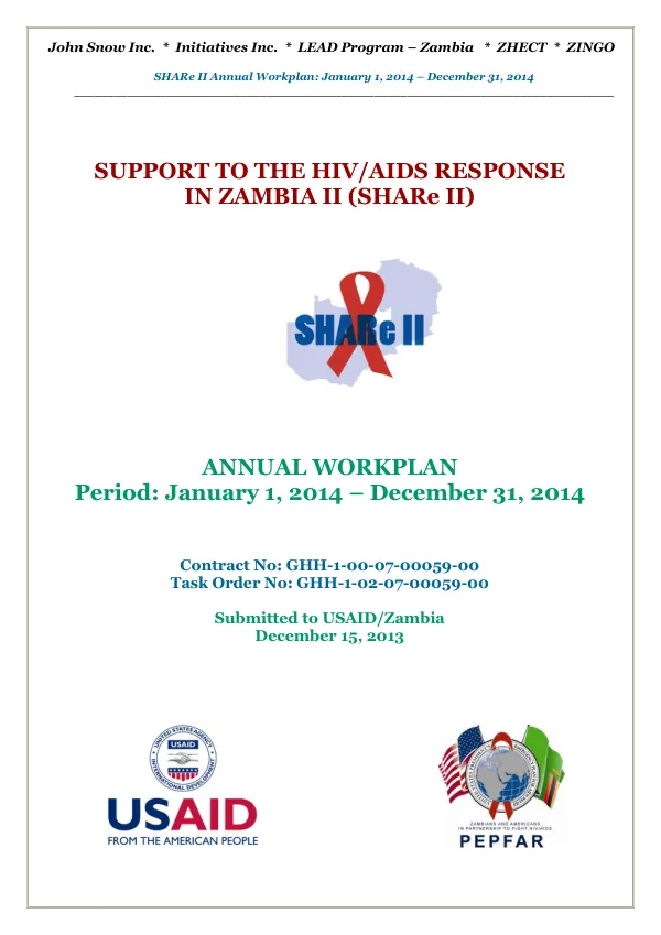 Support to the HIV/AIDS Response in Zambia II (SHARe II) Project: Annual Workplan, FY 2014; January 2014 - December 2014