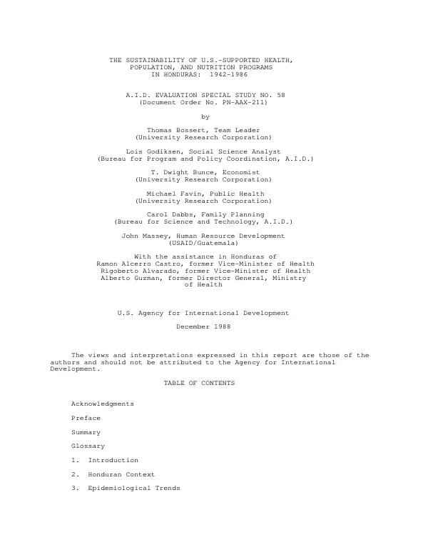 Sustainability of US-supported health, population, and nutrition programs in Honduras : 1942-1986