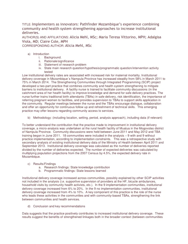 Implementers as innovators: Pathfinder Mozambique"s experience combining community and health system strengthening approaches to increase institutional deliveries