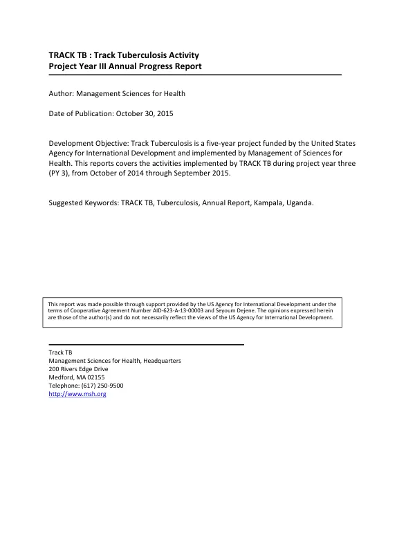 TRACK TB : Track Tuberculosis Activity Project Year III Annual Progress Report