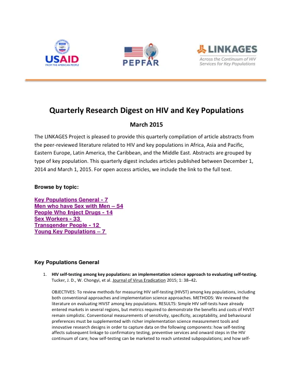 Quarterly Research Digest on HIV and Key Populations