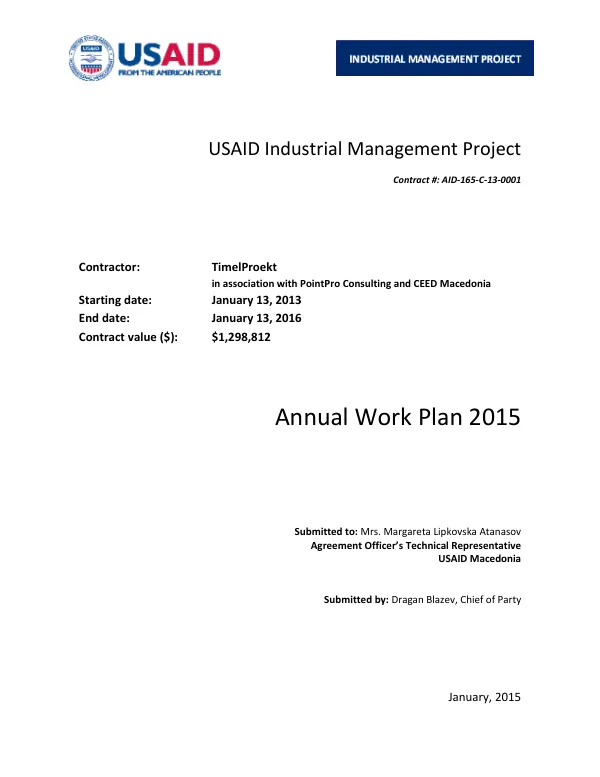 USAID/Macedonia: Industrial Management Project Workplan 2015