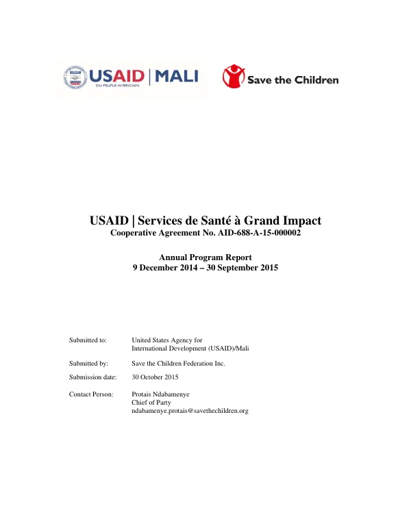 USAID | Services de Santé à Grand Impact - Annual Program Report 9 December 2014 – 30 September 2015