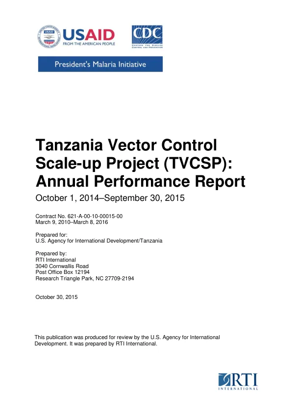 Tanzania Vector Control Scale-Up Project (TVCSP): annual performance report October 1, 2014 - September 30, 2015