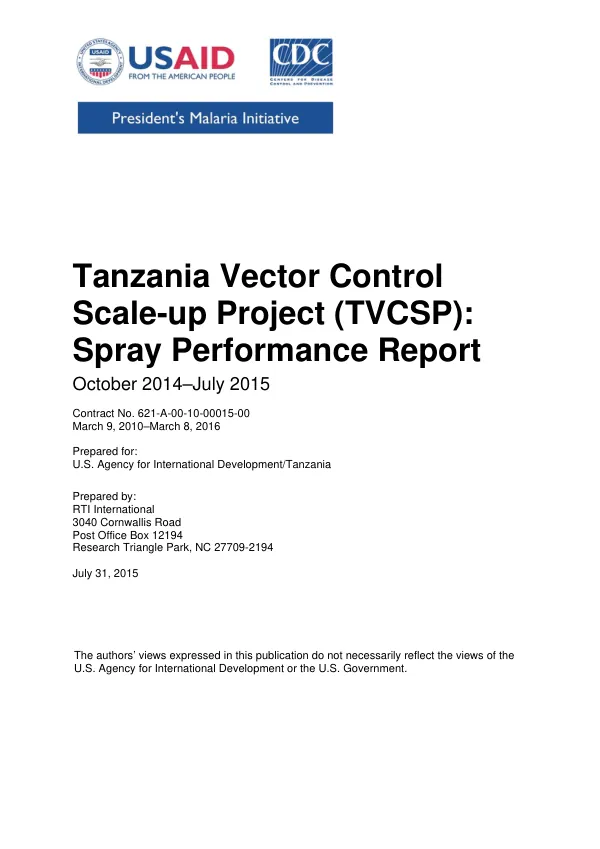Tanzania Vector Control Scale-Up Project (TVCSP): Spray performance report October 2014 - July 2015