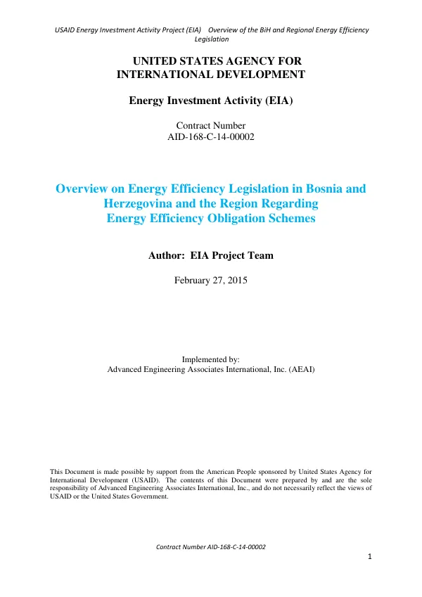 Energy Investment Activity (EIA): Overview on Energy Efficiency Legislation in Bosnia and Herzegovina and the Region Regarding Energy Efficiency Obligation Schemes