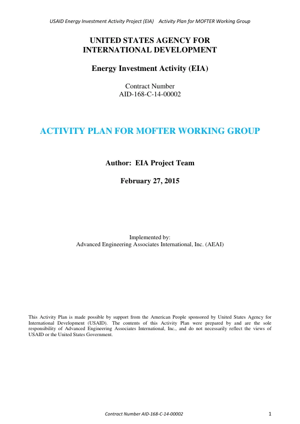 Energy Investment Activity (EIA): ACTIVITY PLAN FOR MOFTER WORKING GROUP