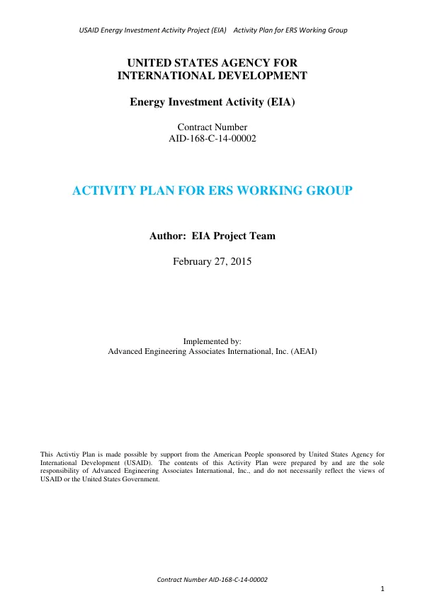 Energy Investment Activity (EIA): ACTIVITY PLAN FOR ERS WORKING GROUP