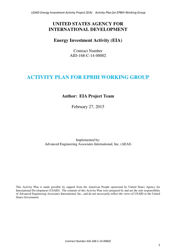 Energy Investment Activity (EIA): ACTIVITY PLAN FOR EPBIH WORKING GROUP