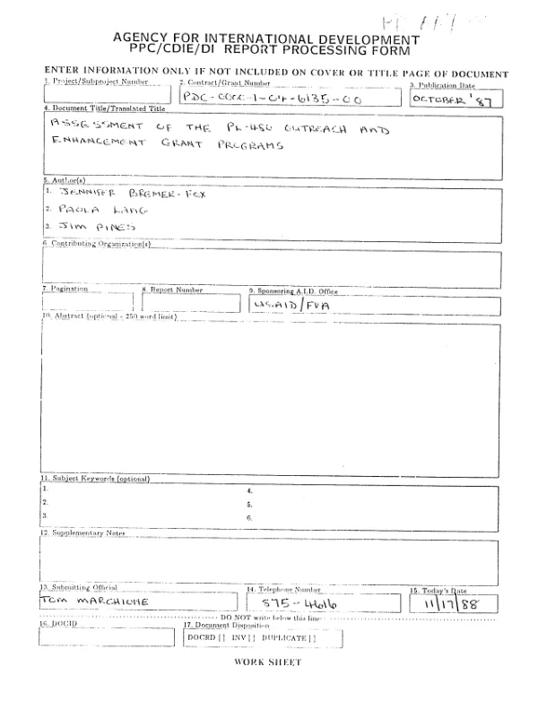 Assessment of the PL-480 outreach and enhancement grant programs
