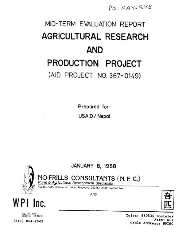 Mid-term evaluation report : agricultural research and production project (AID project no. 367-0149)