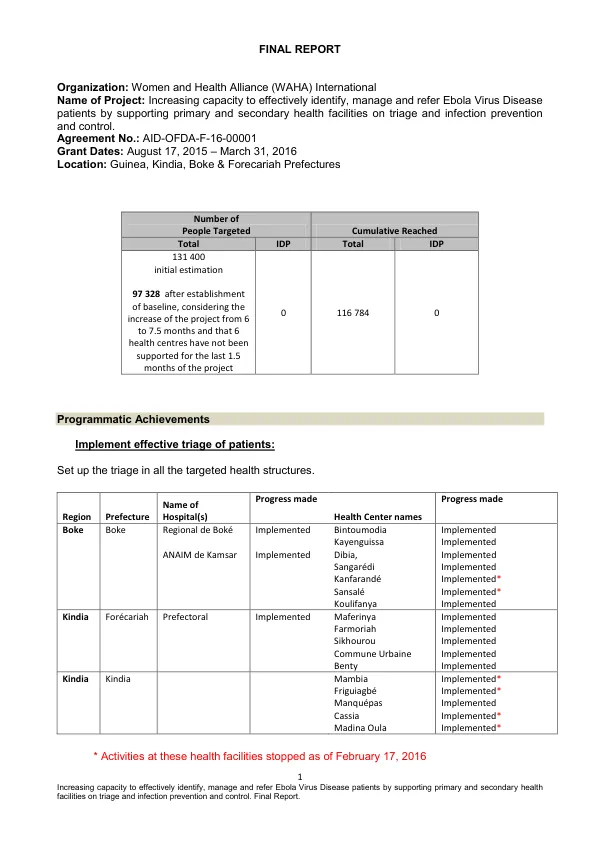 Final report : increasing capacity to effectively identify, manage and refer Ebola virus disease patients by supporting primary and secondary health facilities on triage and infection prevention and control : AID-OFDA-F-16-00001, August 17, 2015-March 31, 2016
