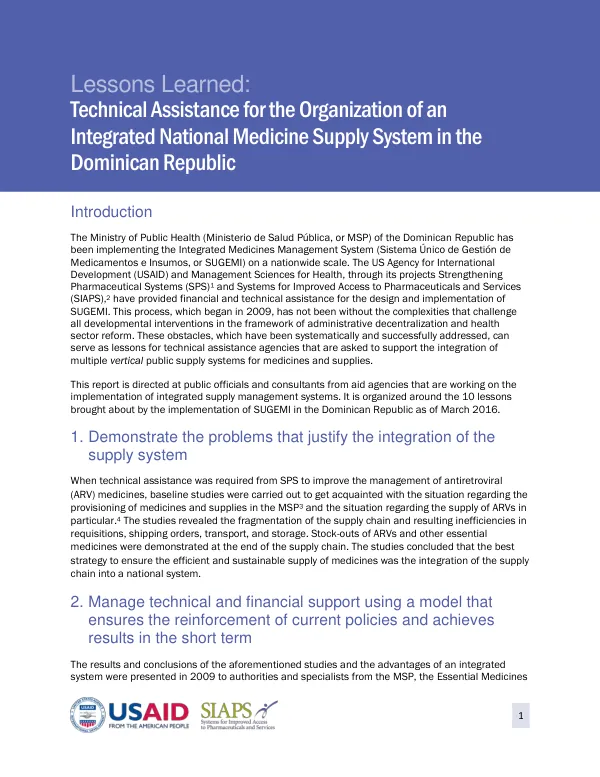Lessons learned : technical assistance for the organization of an integrated national medicine supply system in the Dominican Republic