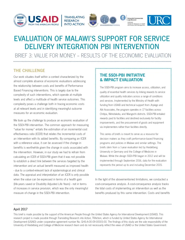 Evaluation of Malawi"s support for service delivery integration PBI intervention : brief 3 : value for money-results of the economic evaluation