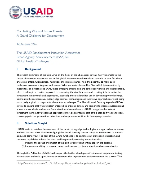 Combating Zika and future threats : a grand challenge for development : addendum 01 to the USAID Development innovation accelerator broad agency announcement (BAA) for global health challenges
