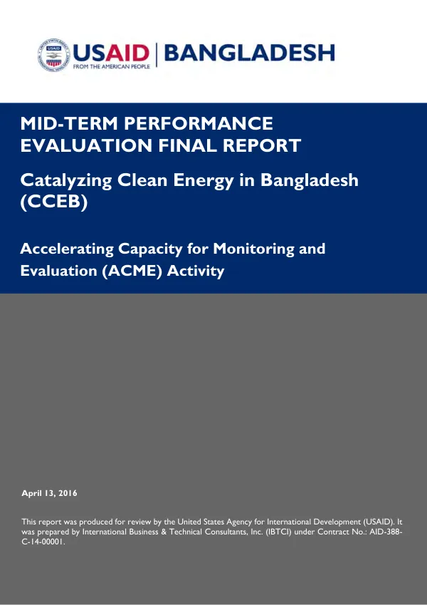 Mid-term performance evaluation final report : catalyzing clean energy in Bangladesh (CCEB)