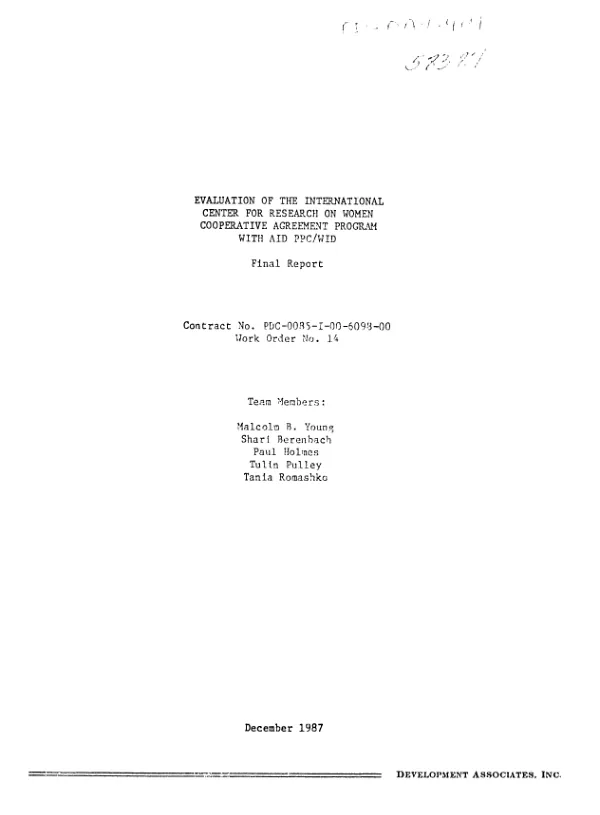 Evaluation of the International Center for Research on Women cooperative agreement program with AID PPC/WID : final report