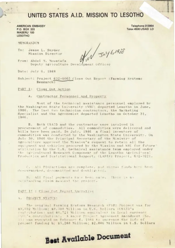 Memorandum to Jesse L. Snyder on project 632-0065 close out report (farming systems research)