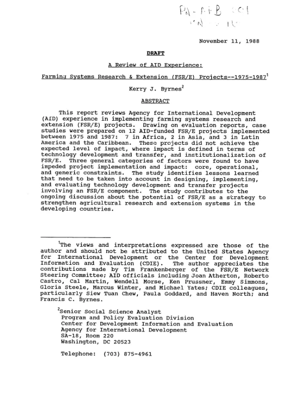 Review of AID experience : farming systems research and extension (FSR/E) projects -- 1975-1987