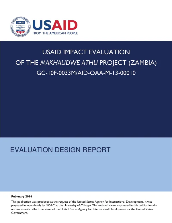 USAID impact evaluation of the makhalidwe athu project (ZAMBIA) : evaluation design report