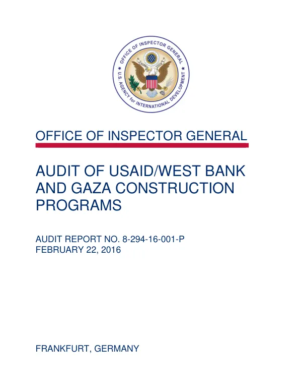 Audit of USAID/West Bank and Gaza construction programs