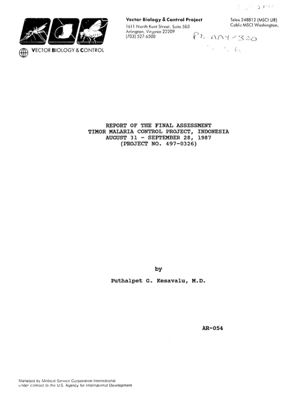 Report of the final assessment : Timor malaria control project, Indonesia, August 31-September 28, 1987 (project no. 497-0326)