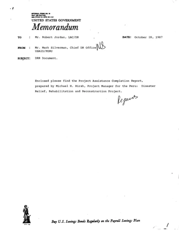 Project assistance completion report : Peru -- disaster relief, rehabilitation, and reconstruction project (527-0277)