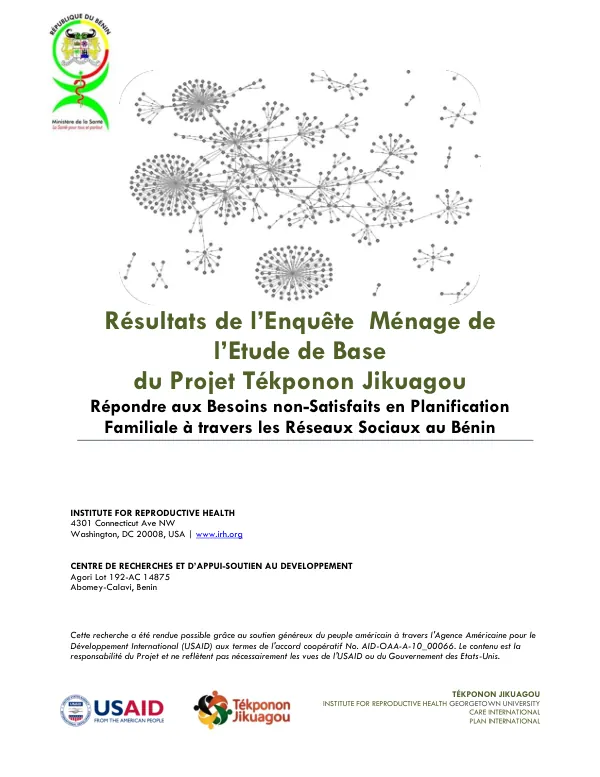 Résultats de l’Enquête Ménage de l’Etude de Base du Projet Tékponon Jikuagou
