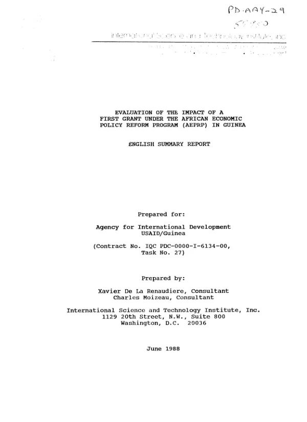 Evaluation of the impact of a first grant under the African economic policy reform program (AEPRP) in Guinea : English summary report