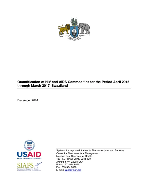 Quantification of HIV and AIDS Commodities for the Period April 2015 through March 2017, Swaziland