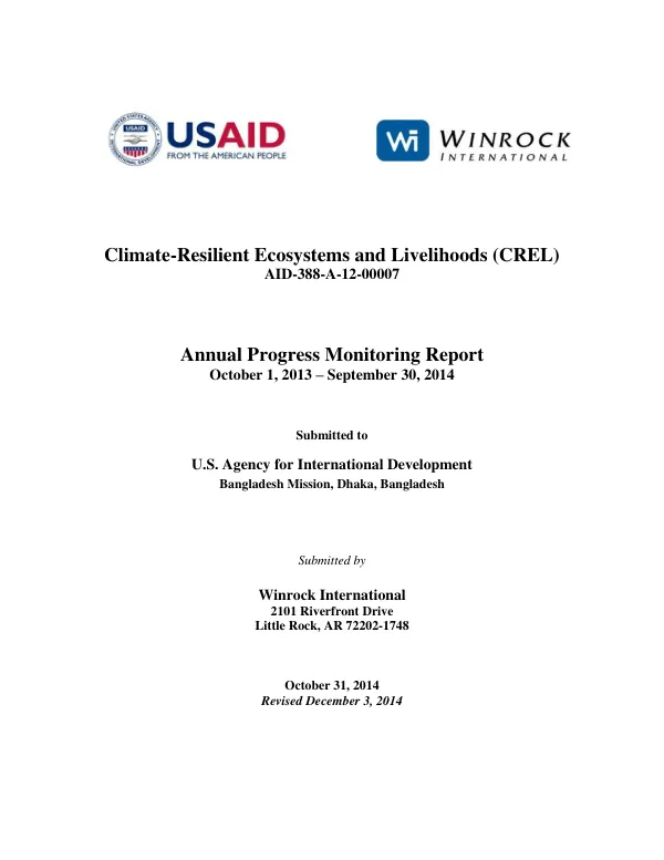 Climate-Resilient Ecosystems and Livelihoods Annual Progress Monitoring Report October 1, 2013-September 30, 2014