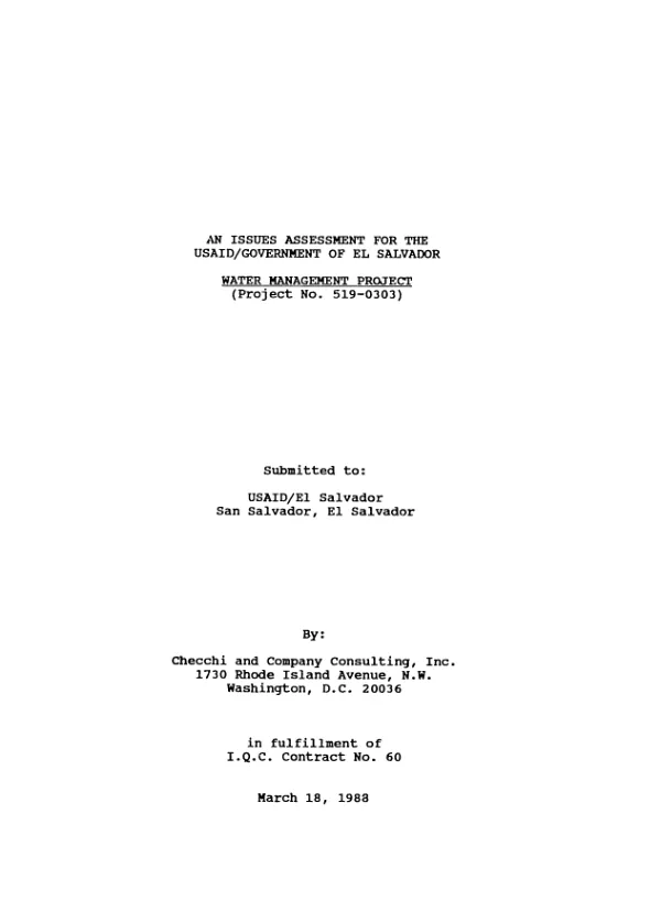Issues assessment for the USAID/Government of El Salvador water management project (project no. 519-0303)