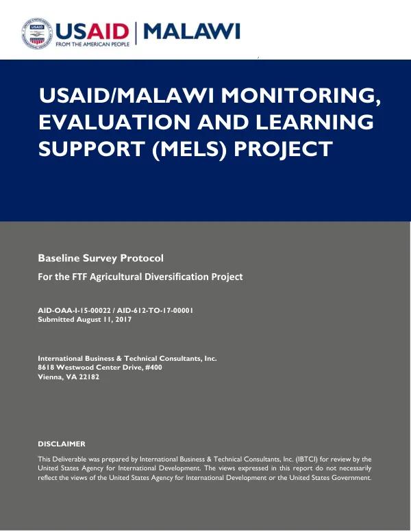 USAID/Malawi monitoring, evaluation and learning support (MELS) project : baseline survey protocol for the FTF agricultural diversification project