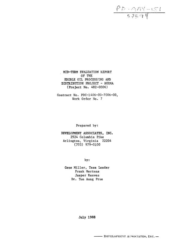 Mid-term evaluation report of the edible oil processing and distribution project - Burma (project no. 482-0006)