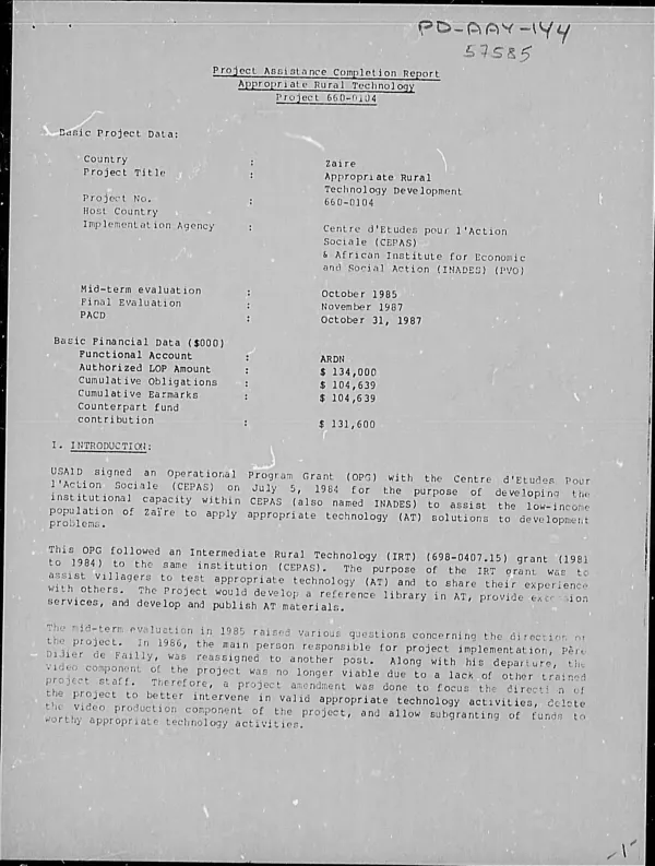 Project assistance completion report : appropriate rural technology, project 660-0104