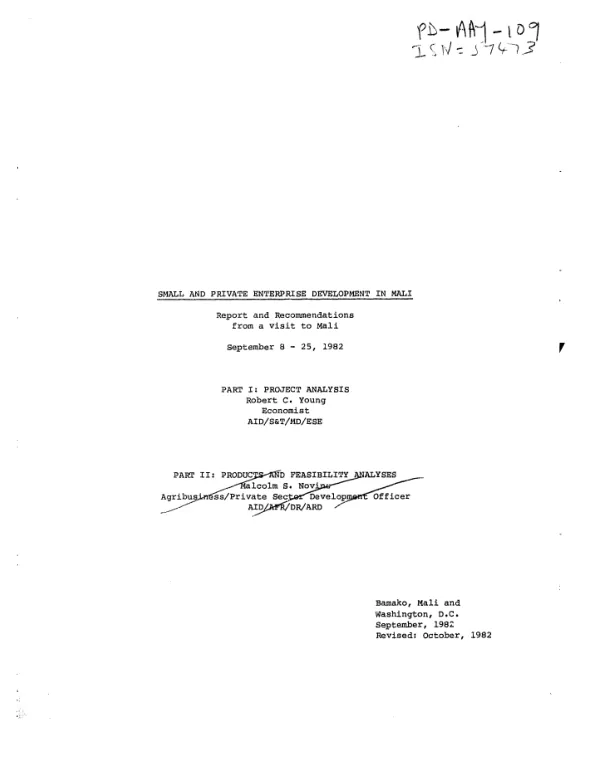 Small and private enterprise development in Mali : report and recommendations from a visit to Mali, September 8-25, 1982 -- part 1, project analysis
