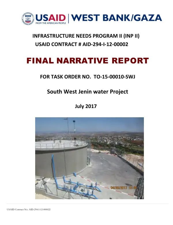 Infrastructure needs program II (INP II) : USAID contract # AID-294-I-12-00002 : final narrative report for task order no. TO-15-00010-SWJ : South West Jenin water project