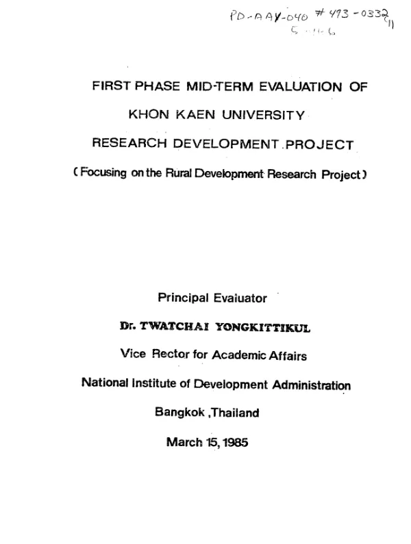 First phase mid-term evaluation of Khon Kaen University research development project (focusing on the rural development research project)