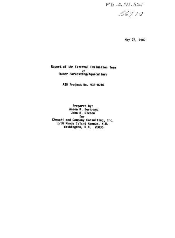 Report of the external evaluation team on water harvesting/aquaculture